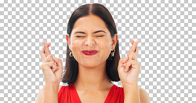 Buy stock photo Face, woman and fingers crossed for hope, success and waiting for luck isolated on a transparent png background. Nervous model, hand emoji and wish for bonus, winning results and competition prize 