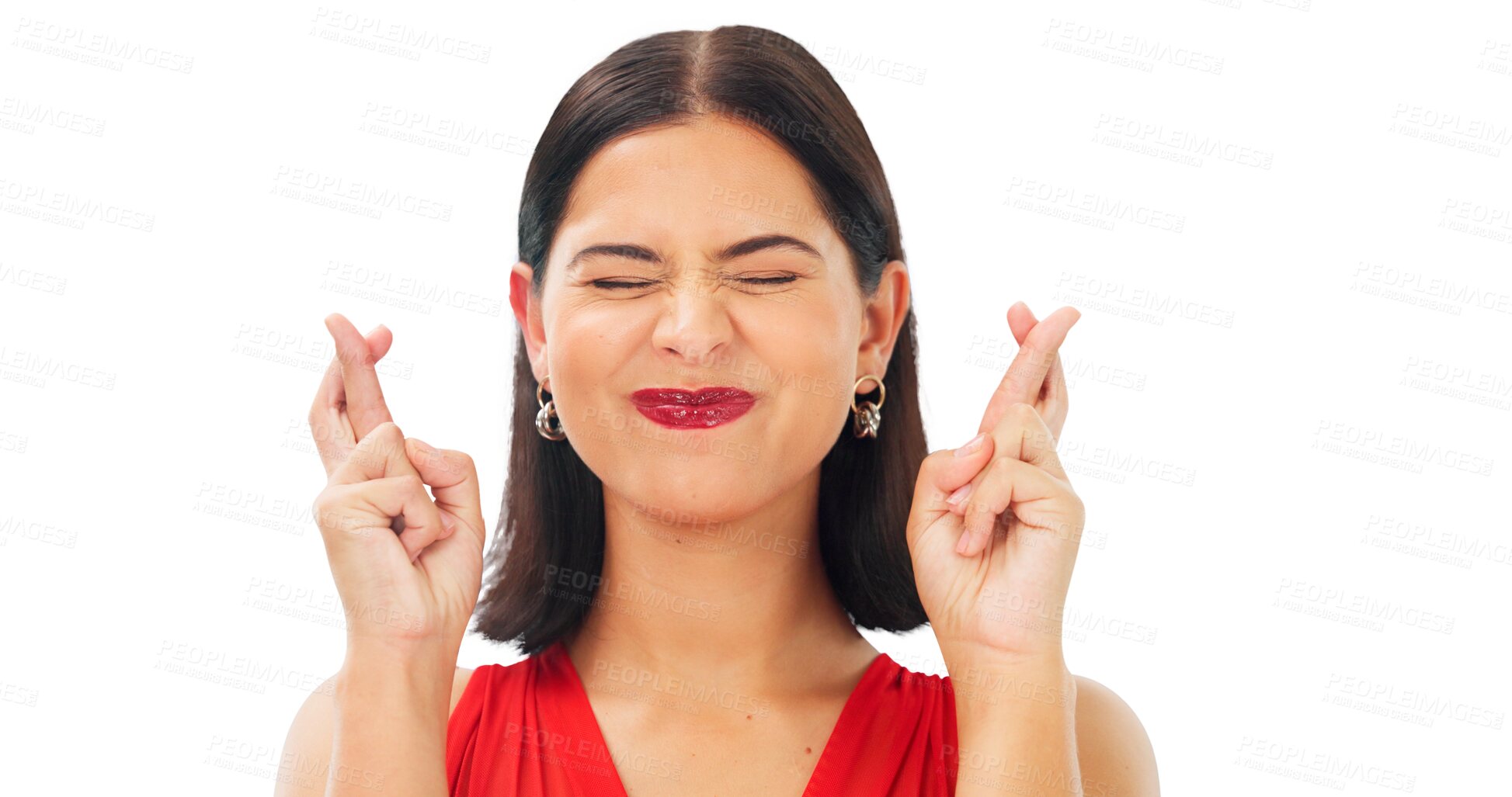 Buy stock photo Face, woman and fingers crossed for hope, success and waiting for luck isolated on a transparent png background. Nervous model, hand emoji and wish for bonus, winning results and competition prize 