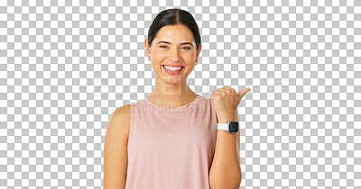 Buy stock photo Portrait, pointing and news with a brand ambassador woman isolated on a transparent background. Smile, contact info and coming soon with a happy young person on PNG for an announcement or marketing