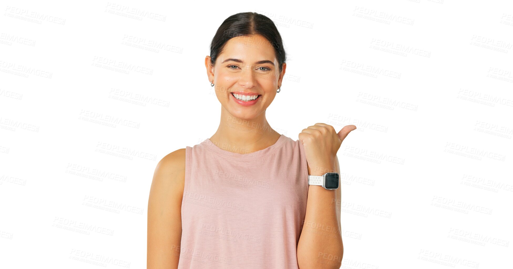 Buy stock photo Portrait, pointing and news with a brand ambassador woman isolated on a transparent background. Smile, contact info and coming soon with a happy young person on PNG for an announcement or marketing