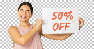Buy stock photo Sales poster, exercise portrait and happy woman advertising 50 percent discount, promo or fitness presentation. Gym membership, workout person and sports club promoter on transparent, png background