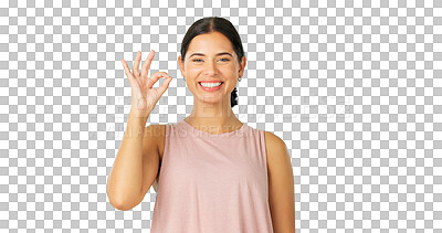 Buy stock photo Ok hands, sports woman and portrait with smile, support and isolated on transparent png background. Happy fitness athlete with okay sign for success, yes and thank you for perfect emoji, icon or vote