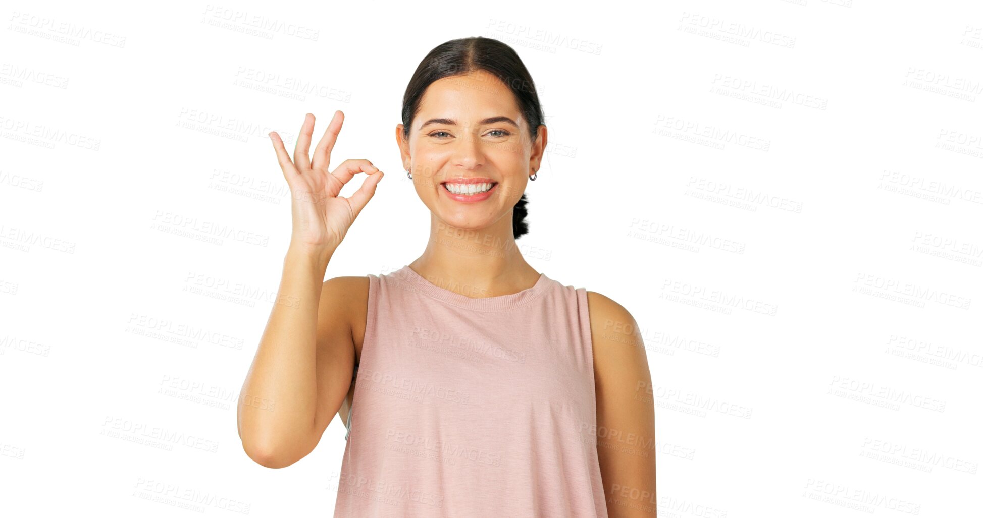 Buy stock photo Ok hands, sports woman and portrait with smile, support and isolated on transparent png background. Happy fitness athlete with okay sign for success, yes and thank you for perfect emoji, icon or vote