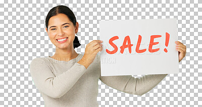 Buy stock photo Sales announcement sign, portrait and happy woman advertising discount, retail promotion offer or commercial. Billboard poster, brand deal choice and ads person smile on transparent, png background