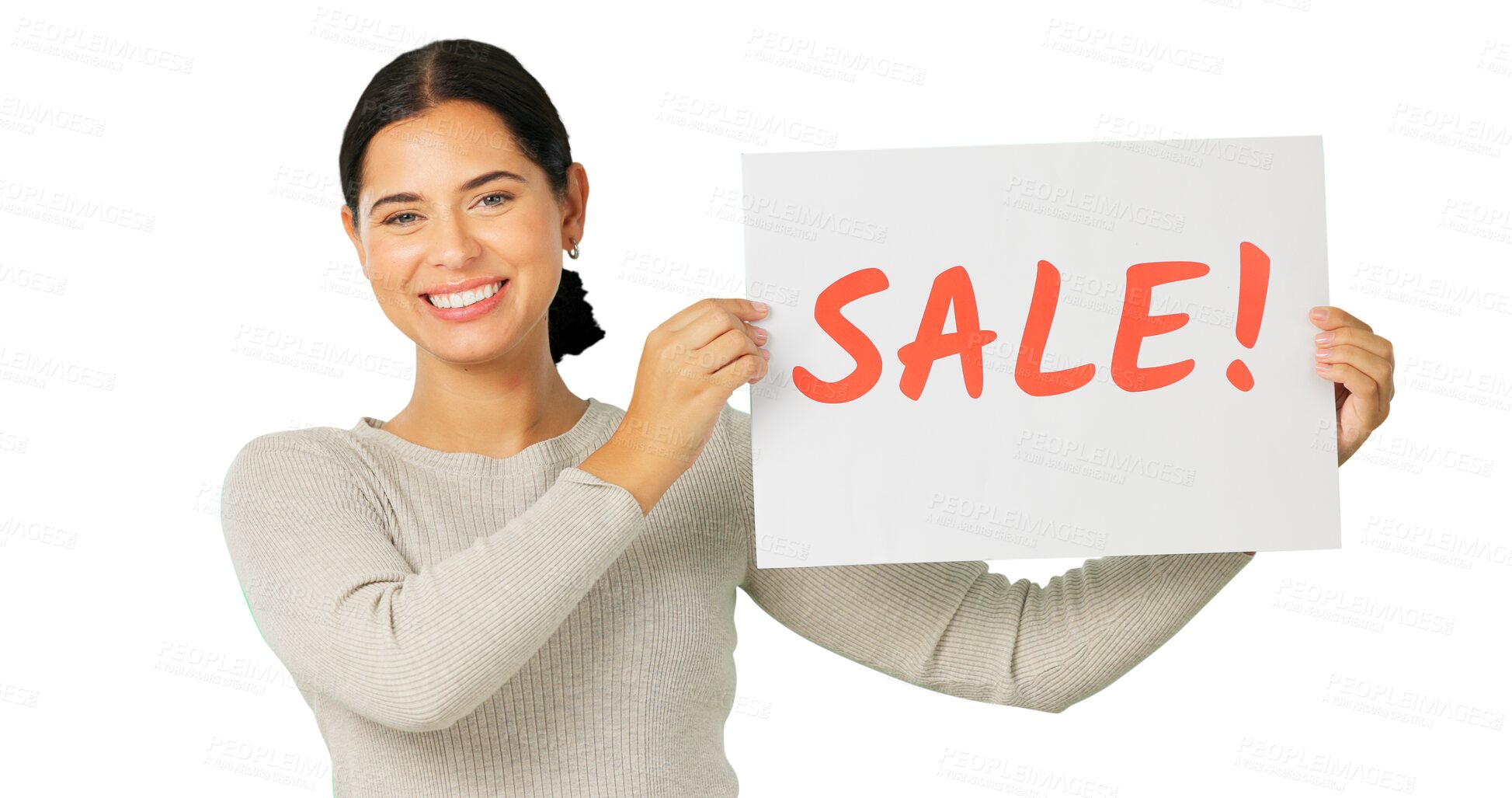 Buy stock photo Sales announcement sign, portrait and happy woman advertising discount, retail promotion offer or commercial. Billboard poster, brand deal choice and ads person smile on transparent, png background