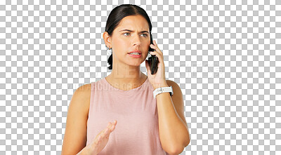 Buy stock photo Phone call, conflict or frustrated with a woman angry while isolated on transparent background. Mobile, communication and frown with an annoyed young person arguing or in a fight about a scam on PNG