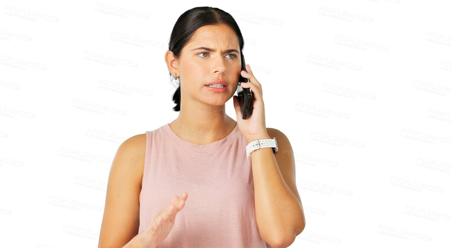 Buy stock photo Phone call, conflict or frustrated with a woman angry while isolated on transparent background. Mobile, communication and frown with an annoyed young person arguing or in a fight about a scam on PNG