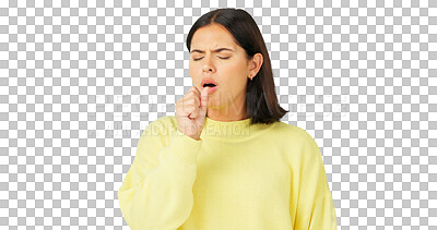 Buy stock photo Sick, cough and woman with health, asthma and medical virus isolated on transparent png background. Female model, pain and coughing for flu, tuberculosis or sore throat of allergy, lungs or pneumonia