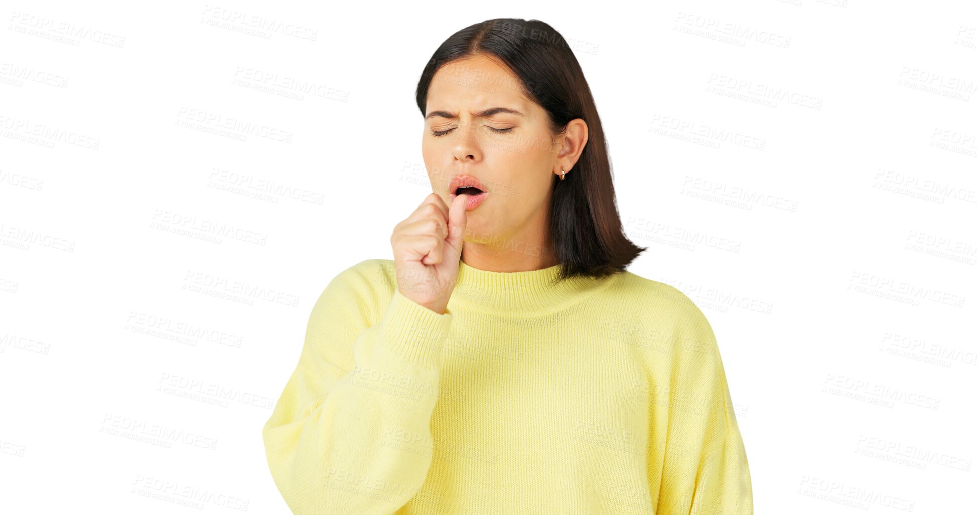 Buy stock photo Sick, cough and woman with health, asthma and medical virus isolated on transparent png background. Female model, pain and coughing for flu, tuberculosis or sore throat of allergy, lungs or pneumonia