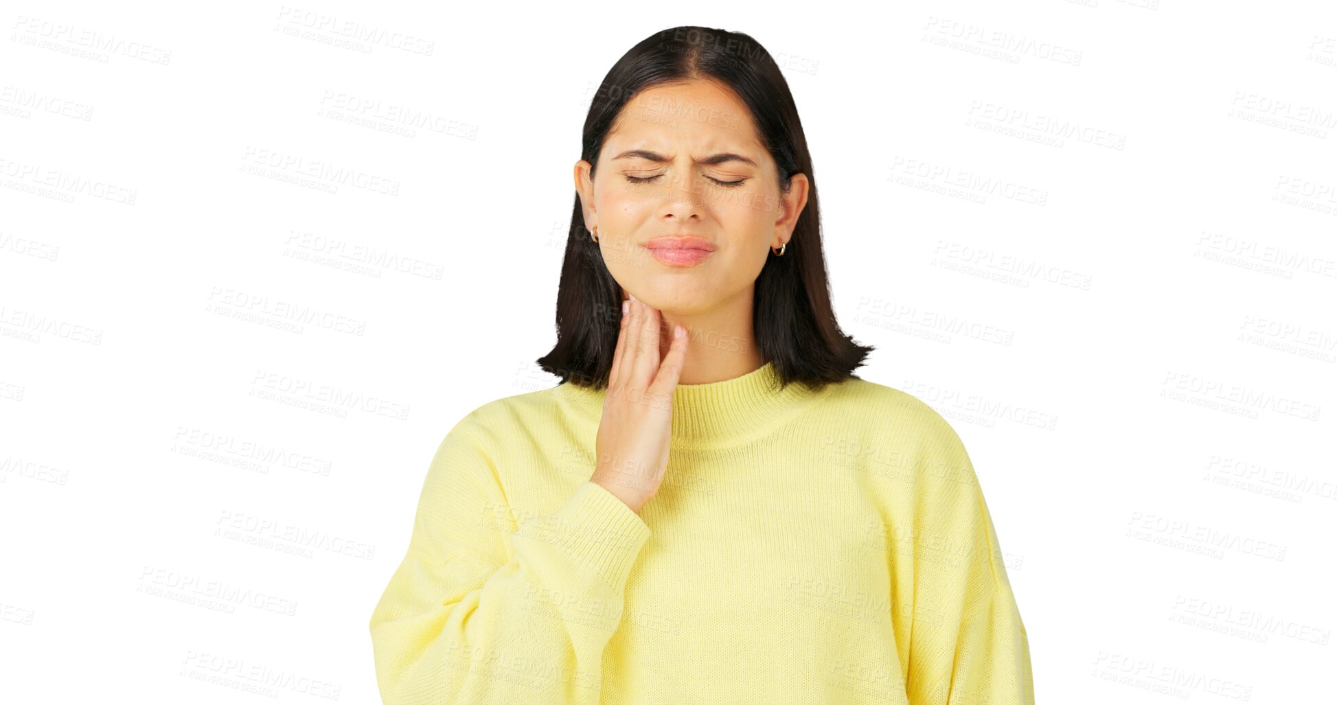 Buy stock photo Woman, pain and sick health in throat with flu, infection and cold virus while isolated on transparent png background. Female model massage neck for medical risk, allergy and itchy voice from thyroid