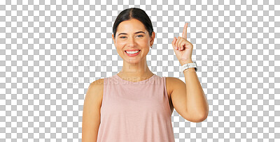 Buy stock photo Portrait, pointing and advertising with a brand ambassador woman isolated on a transparent background. Smile, contact and information with a happy young female person on PNG for product coming soon