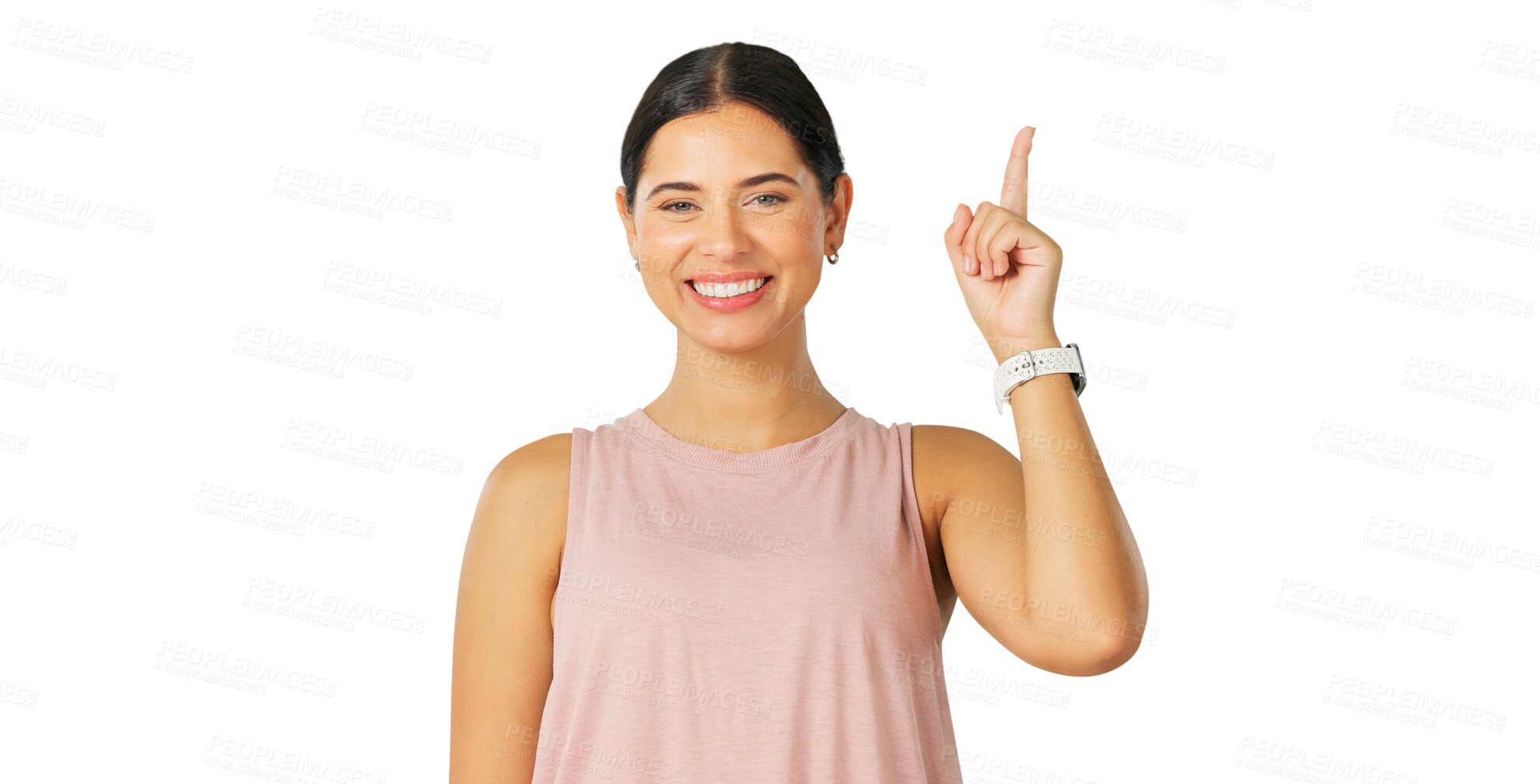 Buy stock photo Portrait, pointing and advertising with a brand ambassador woman isolated on a transparent background. Smile, contact and information with a happy young female person on PNG for product coming soon