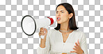 Megaphone, protest and woman green screen for broadcast, justice and strong opinion, voice or announcement. Person, speaker or angry leader in politics, news and call to action with speech in studio