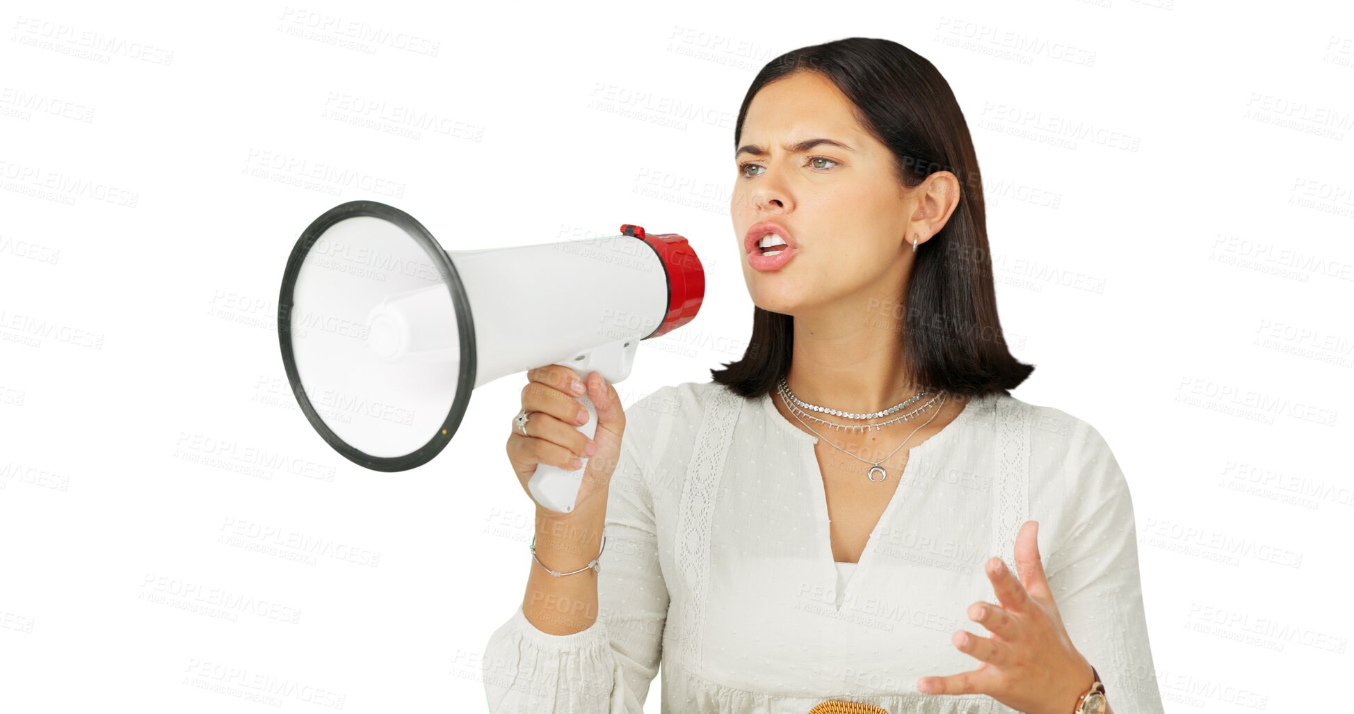 Buy stock photo Woman voice, megaphone and protest for news, broadcast and frustrated isolated on transparent png background. Person with announcement, call to action and speech for human rights or gender equality