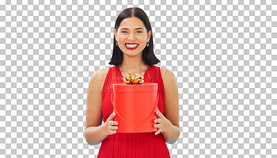 Buy stock photo Present, gift box and portrait of a woman for valentines day, birthday or romantic giveaway. Red, winner and happy female person with package or prize isolated on a transparent, png background