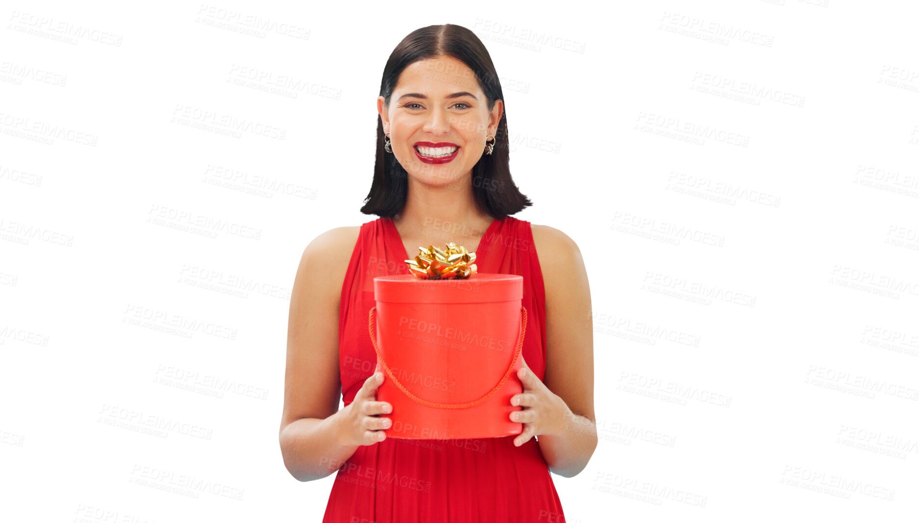 Buy stock photo Present, gift box and portrait of a woman for valentines day, birthday or romantic giveaway. Red, winner and happy female person with package or prize isolated on a transparent, png background