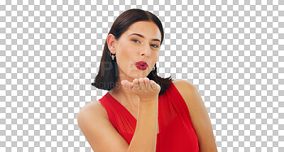 Buy stock photo Portrait, woman and blow kiss with hands for love, care and romantic flirting isolated on transparent png background. Happy female model kissing air with emoji, reaction and date for valentines day
