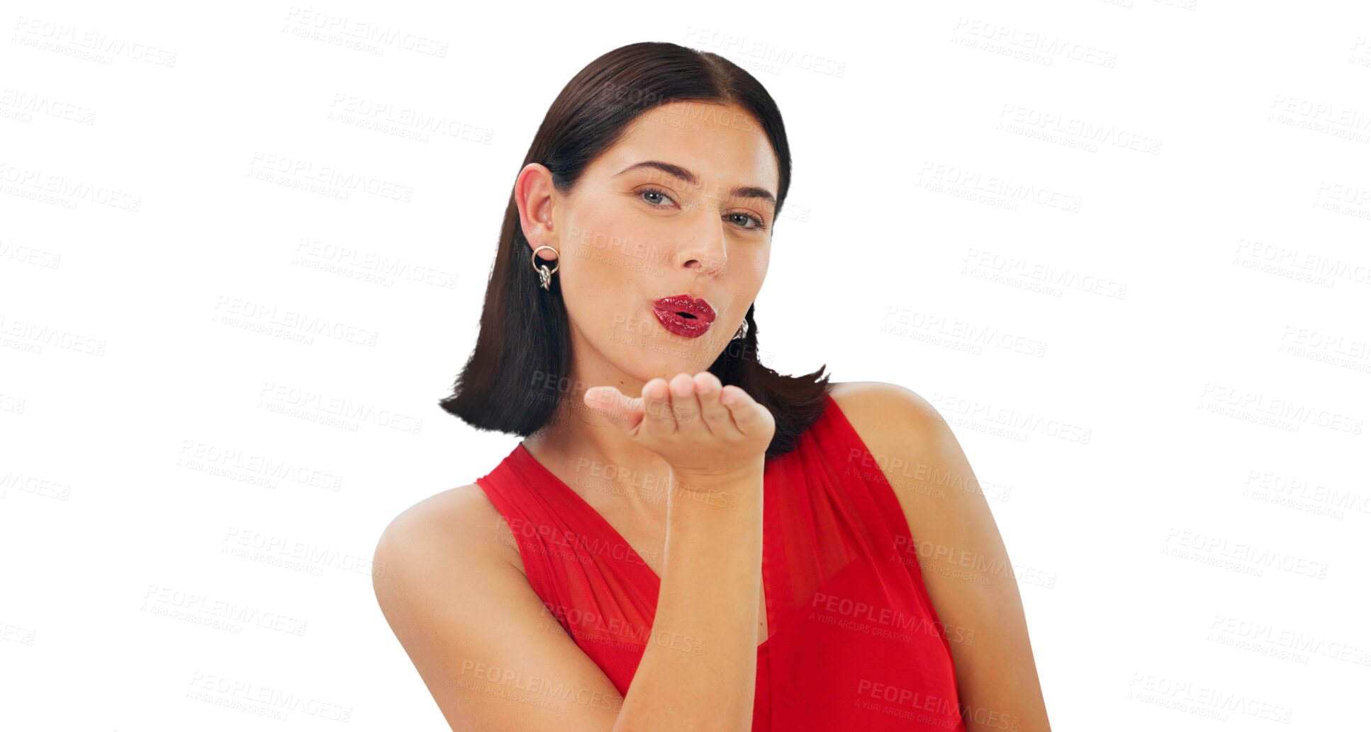 Buy stock photo Portrait, woman and blow kiss with hands for love, care and romantic flirting isolated on transparent png background. Happy female model kissing air with emoji, reaction and date for valentines day
