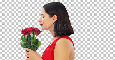 Rose, smell and face of woman in studio with floral bouquet in celebration of love, romance or valentines day. Portrait, scent and girl happy, smile and excited for flowers against blue background