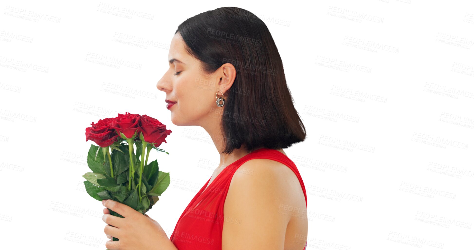 Buy stock photo Smelling, roses and a woman with a bouquet for valentines day with fresh, floral or romantic gift. Red, flowers and female person with a present for a date isolated on a transparent, png background