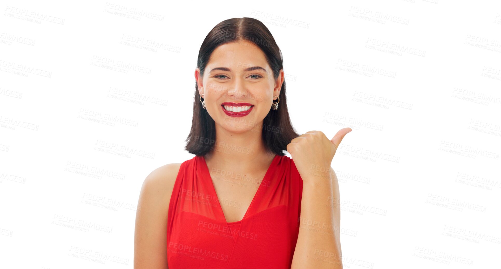 Buy stock photo Hand, pointing and portrait of woman with promotion in beauty, makeup or smile for choice on transparent, isolated or png background. Happy, face and girl show choice, decision or offer in fashion