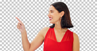 Buy stock photo Woman, hand and pointing to promotion with beauty, makeup and smile for menu choice on transparent, isolated or png background. Happy, face and girl show announcement, offer and decision in fashion