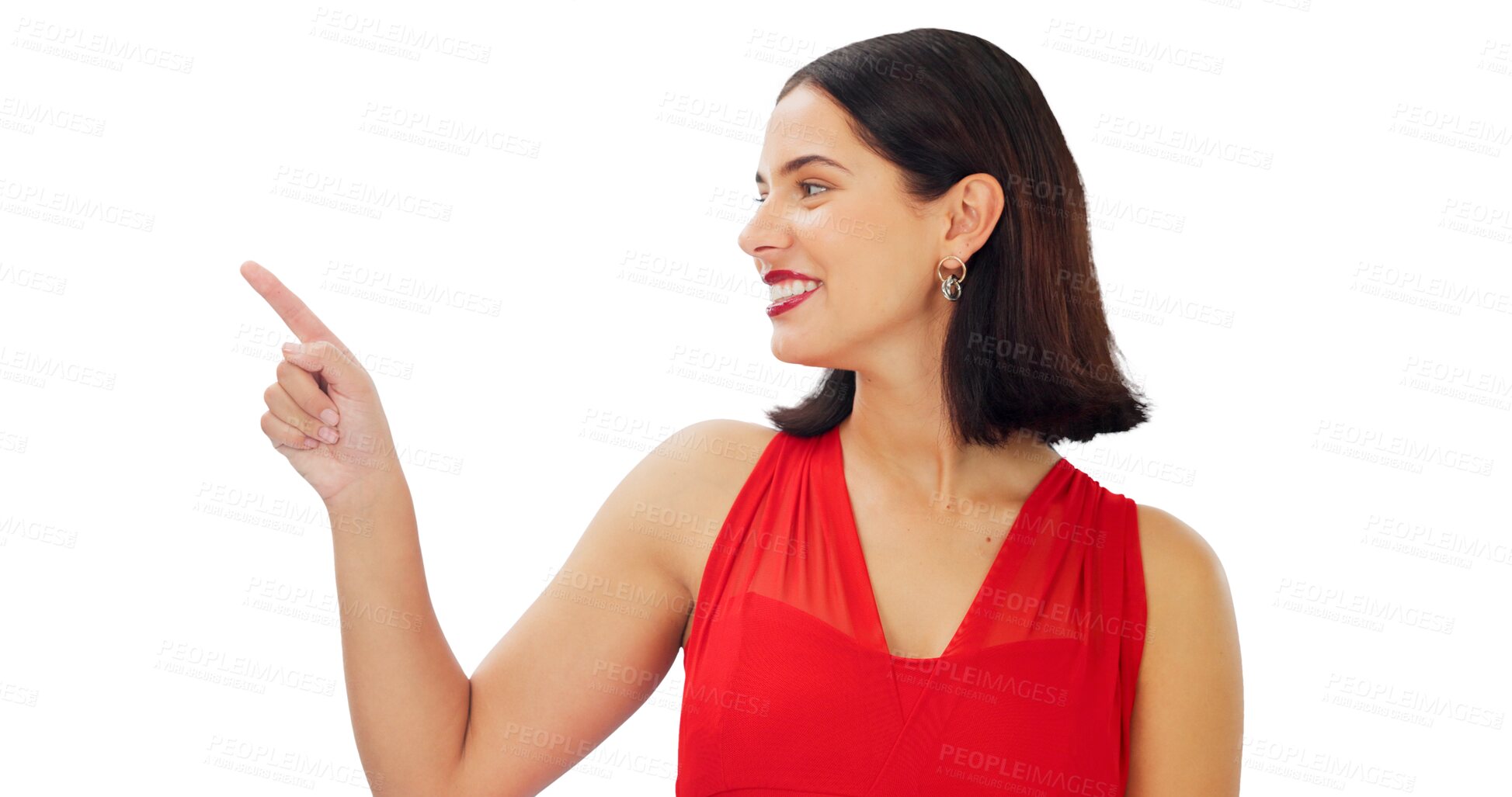 Buy stock photo Woman, hand and pointing to promotion with beauty, makeup and smile for menu choice on transparent, isolated or png background. Happy, face and girl show announcement, offer and decision in fashion