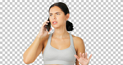 Buy stock photo Phone call, conflict and fitness with a sports woman frustrated while isolated on a transparent background. Mobile, communication and frown with an unhappy female athlete arguing in anger on PNG