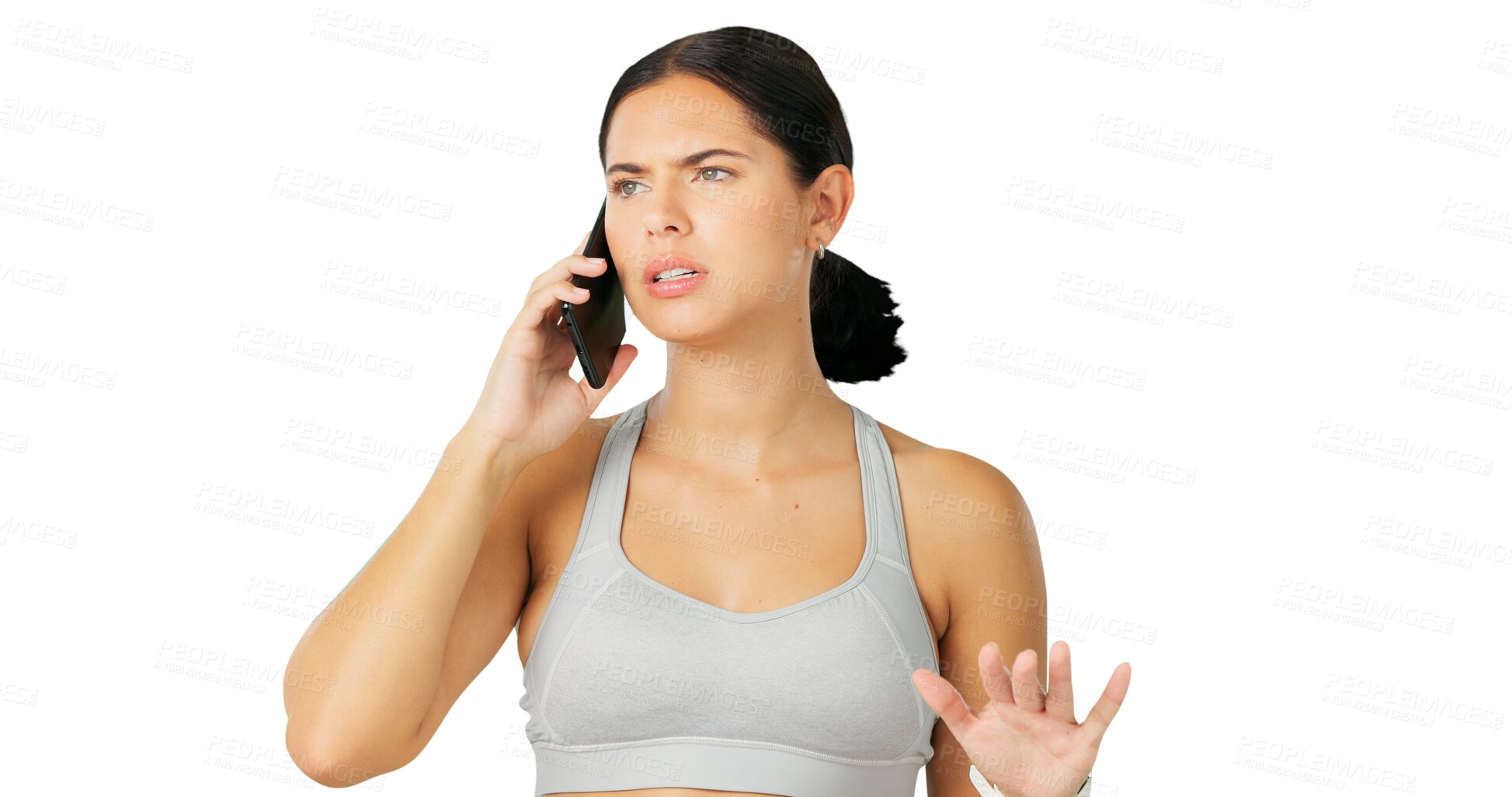 Buy stock photo Phone call, conflict and fitness with a sports woman frustrated while isolated on a transparent background. Mobile, communication and frown with an unhappy female athlete arguing in anger on PNG