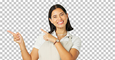 Buy stock photo Portrait, pointing and a coming soon presentation with a woman isolated on a transparent background. Smile, review and information with a happy young female person on PNG for marketing or advertising