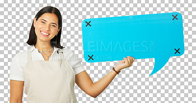 Buy stock photo Happy woman, barista portrait and speech bubble paper, waitress communication or restaurant cafe voice. Social media feedback, poster tracking markers and female server on transparent, png background