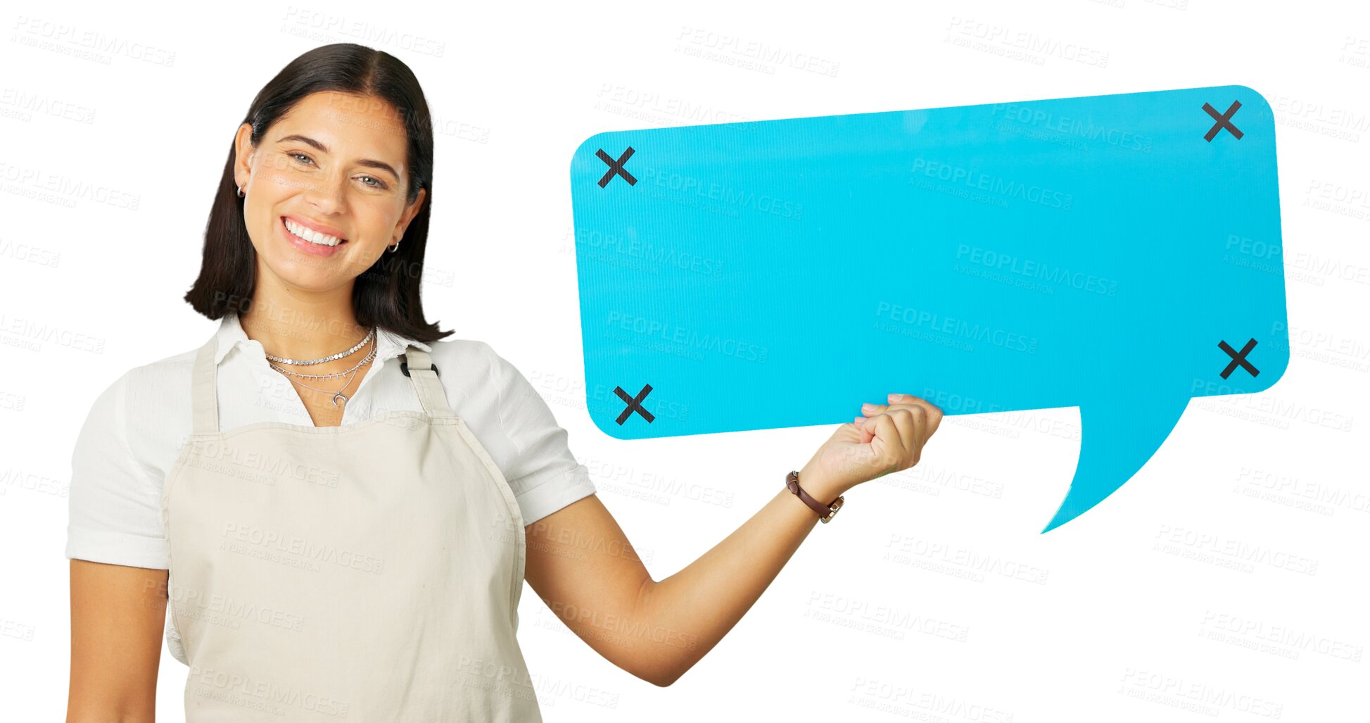 Buy stock photo Happy woman, barista portrait and speech bubble paper, waitress communication or restaurant cafe voice. Social media feedback, poster tracking markers and female server on transparent, png background