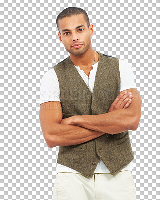 Buy stock photo Portrait, fashion and confident with a man arms crossed isolated on a transparent background for style. Clothes, waistcoat and trendy with a young male model on PNG in aesthetic formal clothing