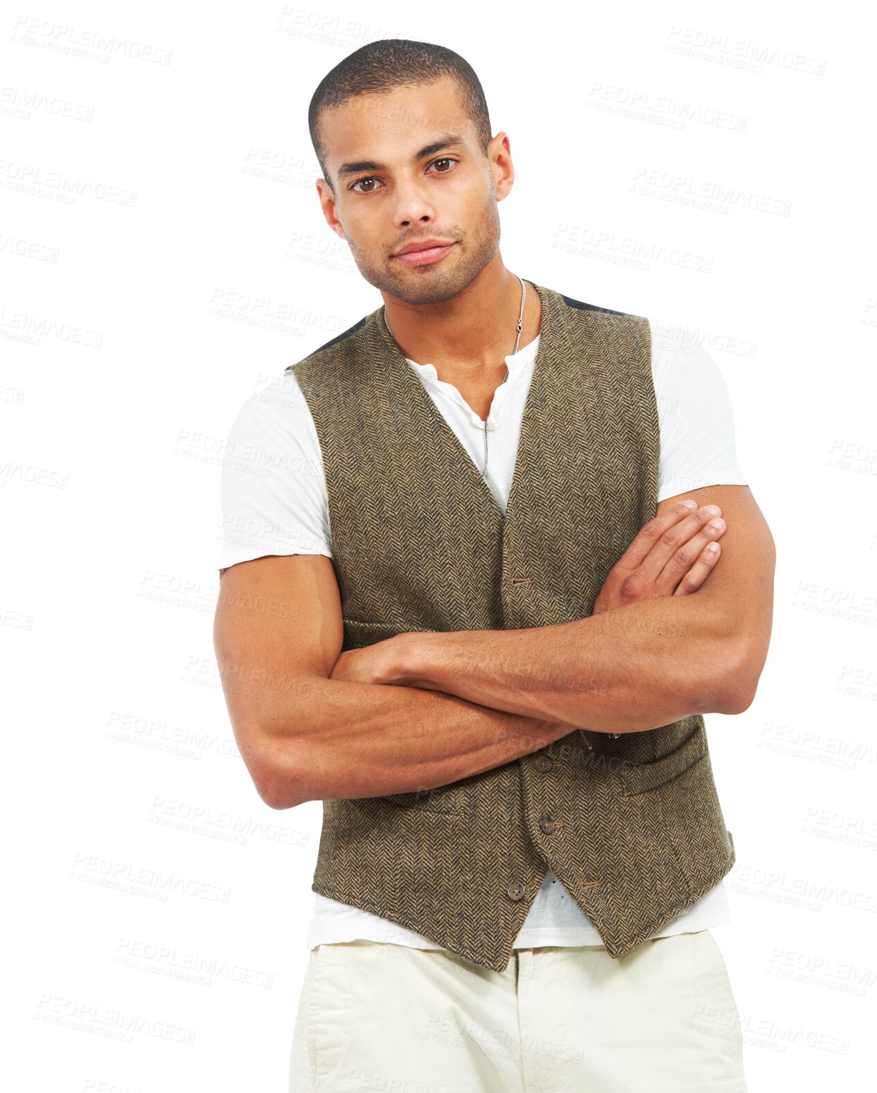 Buy stock photo Portrait, fashion and confident with a man arms crossed isolated on a transparent background for style. Clothes, waistcoat and trendy with a young male model on PNG in aesthetic formal clothing