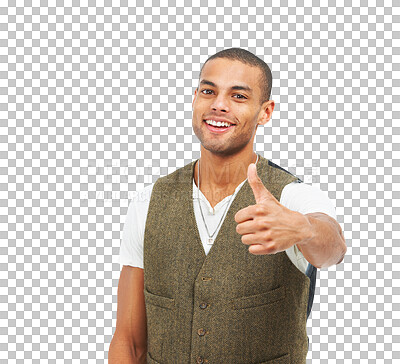 Buy stock photo Portrait, promotion and man with thumbs up, agreement and model isolated on a transparent background. Person, guy and winner with gesture, png and emoji with a smile, great and feedback with review