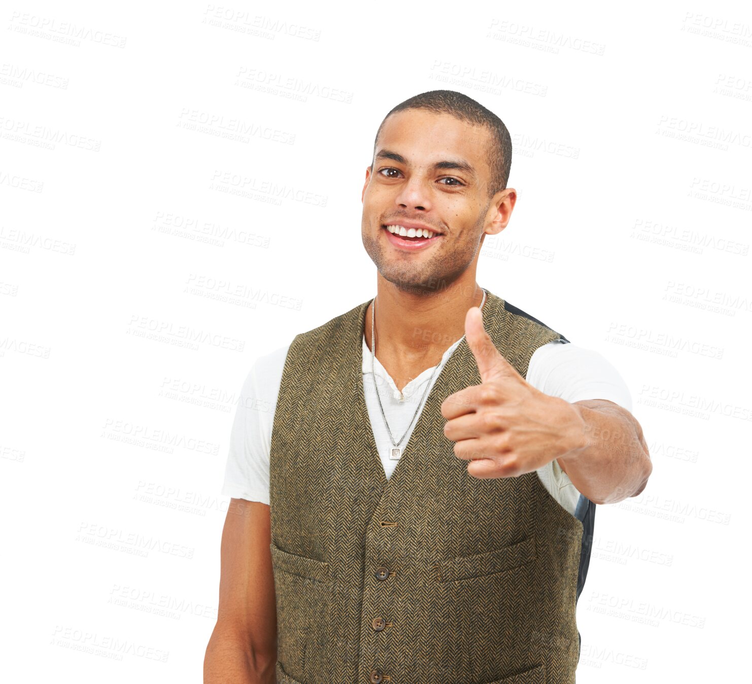 Buy stock photo Portrait, promotion and man with thumbs up, agreement and model isolated on a transparent background. Person, guy and winner with gesture, png and emoji with a smile, great and feedback with review