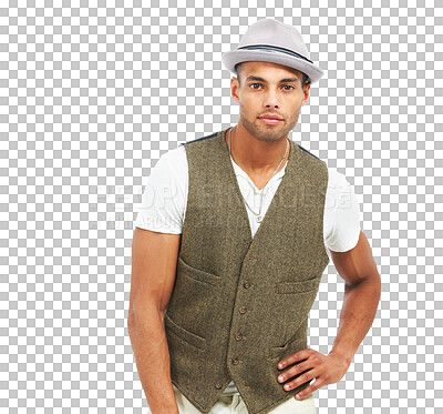 Buy stock photo Fashion hat, portrait and man with confidence isolated on a transparent png background. Fedora style, serious face and young person with waistcoat, aesthetic and trendy in classy clothes from Mexico