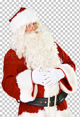 Buy stock photo Portrait, Christmas and festive with a Santa Claus man isolated on a transparent background for December celebration. Winter, holiday and season with a male in a red costume on PNG for a merry event