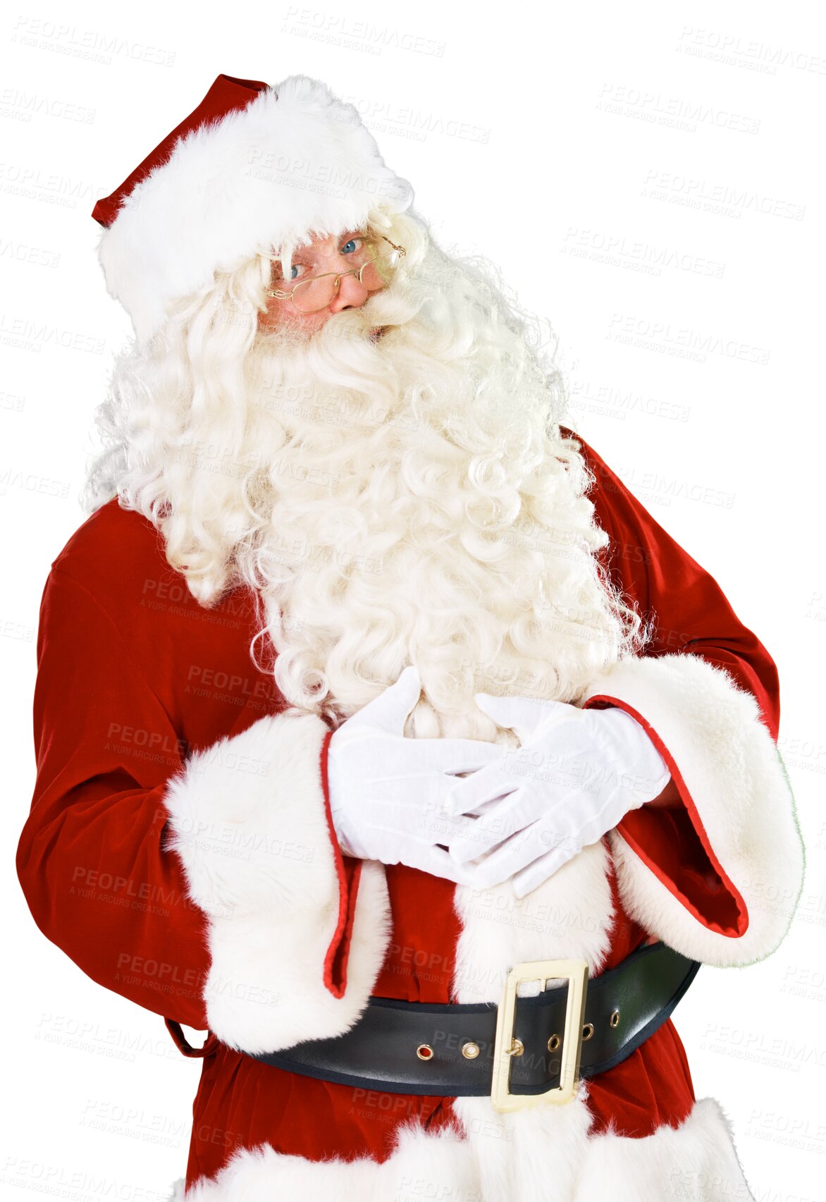 Buy stock photo Portrait, Christmas and festive with a Santa Claus man isolated on a transparent background for December celebration. Winter, holiday and season with a male in a red costume on PNG for a merry event