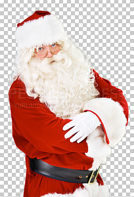 Buy stock photo Portrait, Christmas and arms crossed with Santa Claus isolated on a transparent background for December celebration. Winter, holiday and serious with a man in a red costume on PNG for a merry event