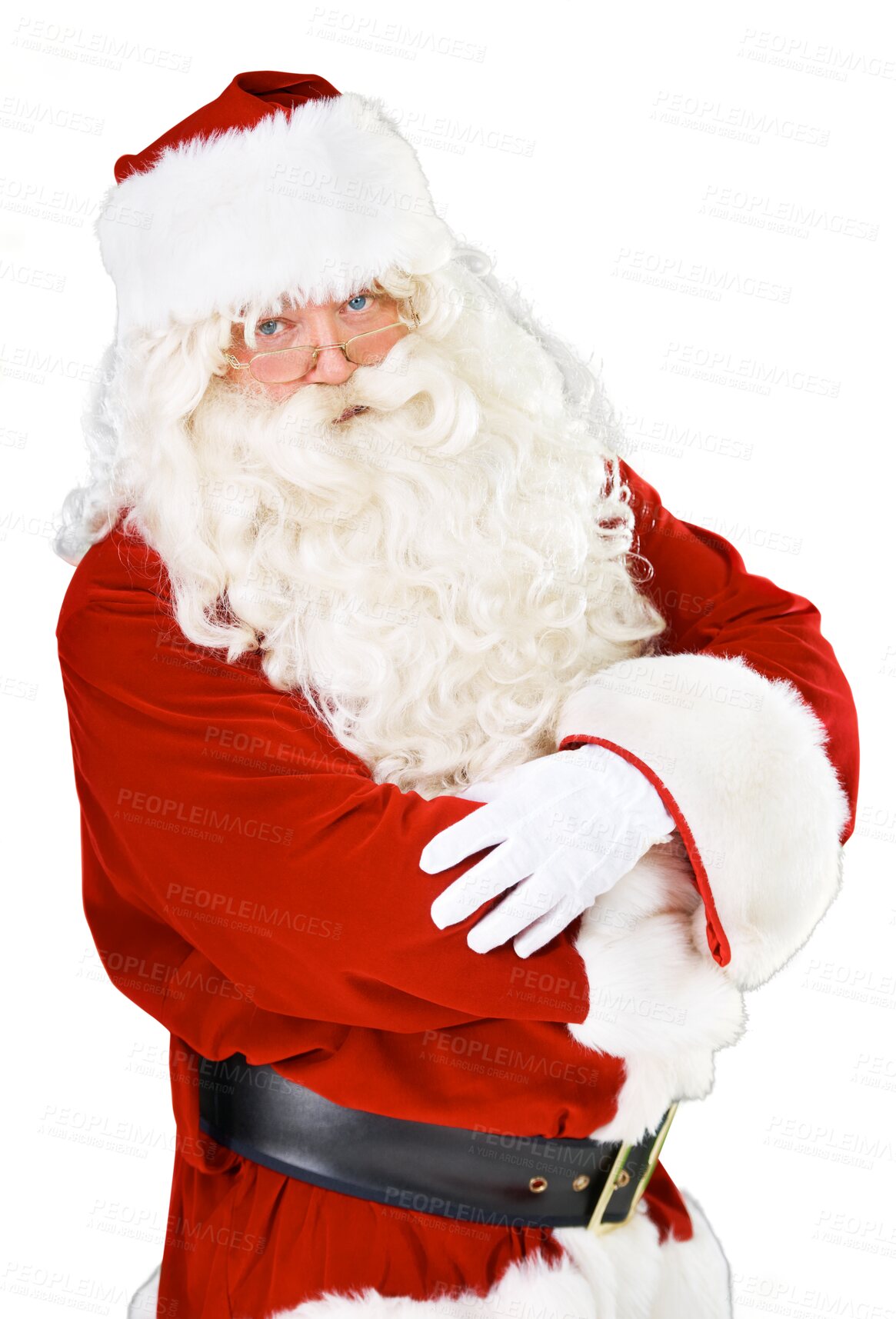 Buy stock photo Portrait, Christmas and arms crossed with Santa Claus isolated on a transparent background for December celebration. Winter, holiday and serious with a man in a red costume on PNG for a merry event