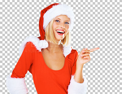 Buy stock photo Portrait, happy and a woman Santa Claus pointing isolated on a transparent background for a promotion sale. Smile, marketing and Christmas is coming soon with a young female in costume on PNG