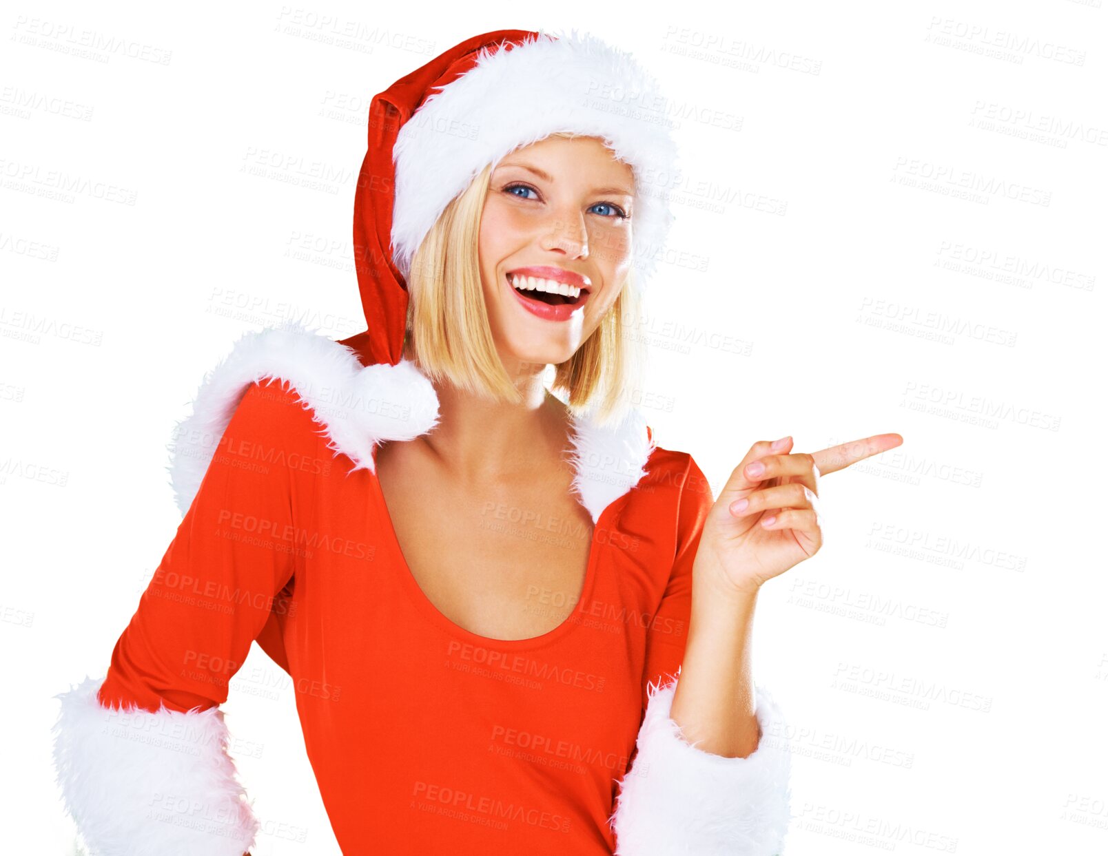 Buy stock photo Portrait, happy and a woman Santa Claus pointing isolated on a transparent background for a promotion sale. Smile, marketing and Christmas is coming soon with a young female in costume on PNG