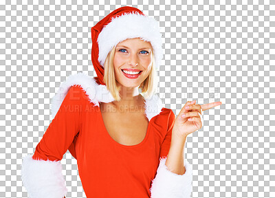 Buy stock photo Portrait, marketing and a woman Santa Claus pointing isolated on a transparent background for festive promotion. Smile, happy and Christmas is coming soon with a young female in costume on PNG