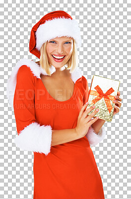 Buy stock photo Portrait, gift and box with a woman Santa Claus isolated on transparent background for celebration. Christmas, present and festive season with a female person in costume for December holidays on PNG