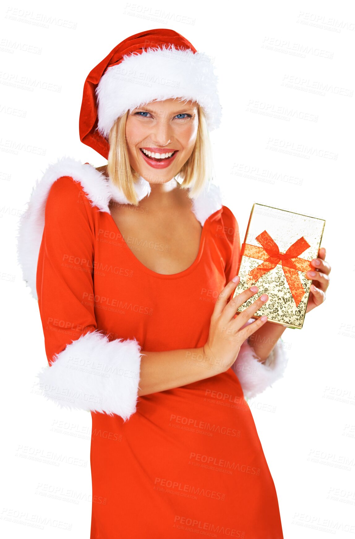 Buy stock photo Portrait, gift and box with a woman Santa Claus isolated on transparent background for celebration. Christmas, present and festive season with a female person in costume for December holidays on PNG