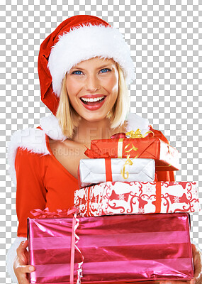 Buy stock photo Portrait, Christmas and gift with a happy Santa Claus isolated on transparent background for celebration. Box, present and festive season with a woman in a red costume for December holidays on PNG