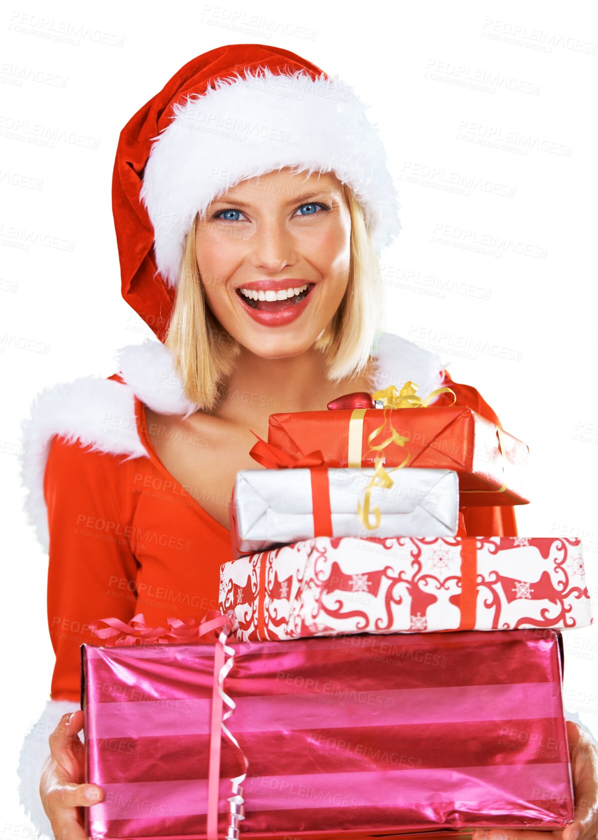 Buy stock photo Portrait, Christmas and gift with a happy Santa Claus isolated on transparent background for celebration. Box, present and festive season with a woman in a red costume for December holidays on PNG