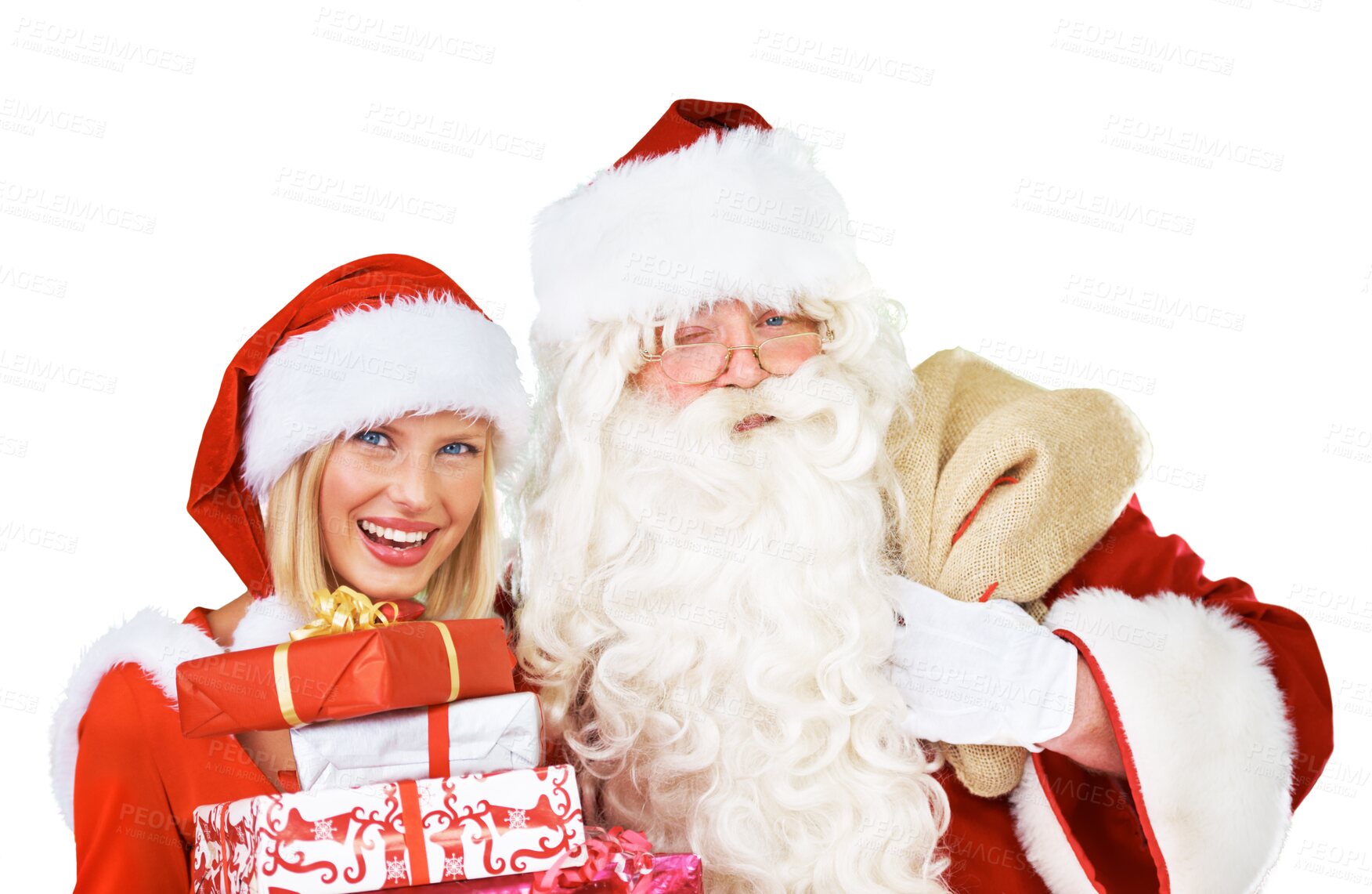 Buy stock photo Christmas present, holiday and Santa Claus with helper isolated on a transparent background. Celebration, festive and portrait of a happy man and woman in a red costume on PNG with gift for event 