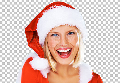 Buy stock photo Christmas, happy and portrait of a young woman with a smile for a festive or holidays. Xmas costume, santa and face of a excited female model from Australia isolated by transparent png background.